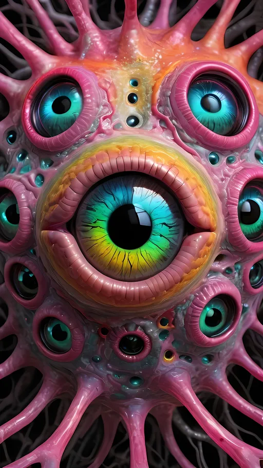 Prompt: an extremely hyper realistic ultra super textural weird trippy surreal psychedelic entity, crazy psychedelic compound human eyes, neurons, synapses, nervous system, chemicals, rows of human teeth, translucent black, hot pink, pinks, silver, yellow, orange, green, teal, copper, Gyroid Structures, oil slick rainbow sheen effect
