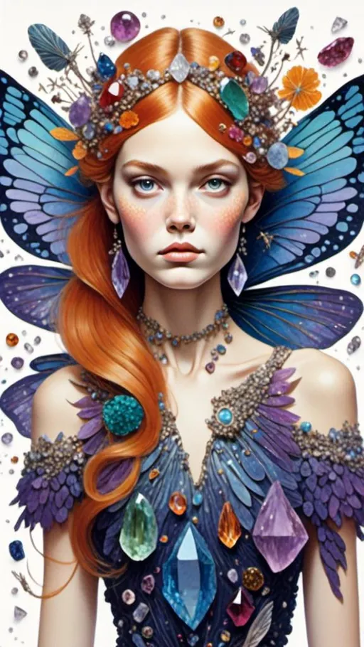 Prompt: <mymodel>Beautiful fairy made of gemstones and crystals, mushroom and crystal theme, inlaid gemstone and crystal details, high quality, fantasy, magical, vibrant colors, ethereal lighting, detailed wings and hair, jewel-toned, sparkling, enchanting atmosphere, whimsical, fantasy illustration, intricate details