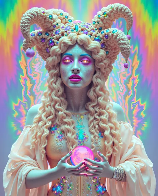 Prompt: A super hyperrealistic yet also illustrative and creative female cosmic jester, made entirely of swirling pure colored light, with long wild curly hair that appears blond but is a dazzling spectrum of hues. She is adorned in beautiful avant-garde "astral" jester's attire, complete with intricate harlequin clown makeup and a HUGELY OVERSTATED jester's hat that twists and bends into impossible, otherworldly shapes. Her hat sparkles with iridescent gems and glowing cosmic patterns, radiating a surreal, trippy energy. Her ensemble includes exquisite, shimmering accoutrements like glowing ribbons of stardust, cascading light veils, and crystalline bells that chime with the sound of distant galaxies. She sparkles, shines, and dazzles in a mesmerizing swirl of ever-changing colors, embodying the essence of cosmic whimsy and wonder. She stands on a floating, kaleidoscopic fractal platform that endlessly morphs and twists through the void of the astral realms. Behind her, a shimmering nebula of liquid rainbow light swirls and pulses, while shimmering comets streak across the scene. The cosmic jester juggles glowing orbs of quantum energy, each orb containing miniature universes that spin and glimmer with infinite possibilities. Her laughter echoes like a symphony of stars, and her every movement leaves trails of dazzling light that ripple like water across the fabric of space-time. The entire scene is awash with iridescent fractal spirals, the platform morphing with Mandelbrot set fractals, while liquid rainbow nebulae and glowing stardust create an atmosphere of pure astral magic.