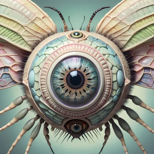 Prompt: A surreal extremely hyper realistic super textural psychedelic geometric eyeball creature with insect wings, pastel light colors,  lots of crazy trippy psychedelic human eyes, human teeth, organic and mechanical, multidimensional, weird surreal unsettling odd