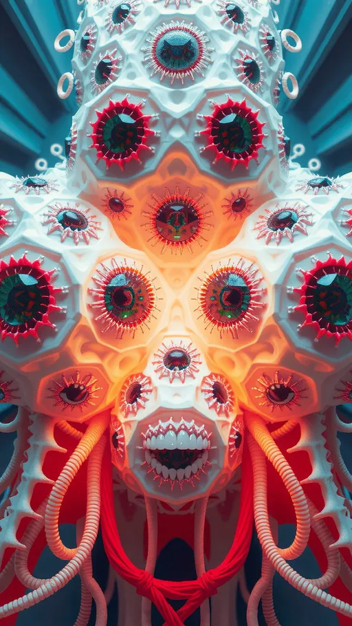 Prompt: an extremely hyper realistic ultra super textural weird trippy surreal psychedelic entity, gyroid structures, Pascal's Triangle, white, translucent, clear, bright bright pastel colors, oil slick rainbow sheen effect, lots and lots of light, lots of crazy colorful compound psychedelic human eyes, rows of human teeth, fungus, atoms, diatoms, gyroid structures, Pascal's Triangle