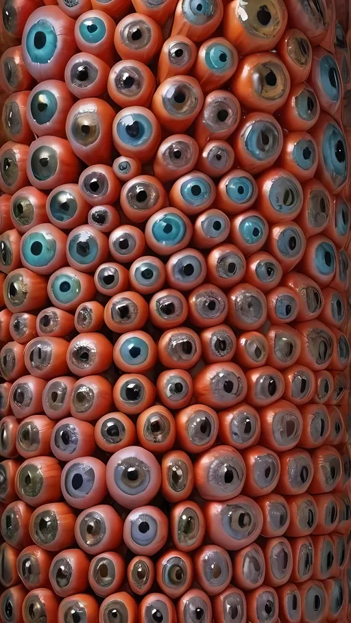 Prompt: Create an extremely hyper-realistic, ultra super textural, weird, trippy, surreal, psychedelic eyes/teeth/mouth pattern/design based on "Fusarium verticillioides", with lots of human eyes (crazy colorful compound psychedelic), rows of human teeth, human lips, and tongues. 

- **Colors**: determined by the properties and expressions of the elements (& their isotopes), minerals, and metals: "Fusarium verticillioides", silicon, hematite

**Shapes and forms**
- "Fusarium verticillioides"
-other shapes determined by the natural properties and expressions of the elements (& their isotopes), minerals, metals, and biological organisms: Cuprite, hematite

- **Textures**: Derived from any/all elements (& their isotopes), minerals, metals, crystals, organic things mentioned in this prompt:"Fusarium verticillioides", hematite

**Composition and Layout**:
- a pattern/design based on "Fusarium verticillioides"

**Lighting**:
- Lots of bright light
- zoomed out

**Detail and Atmosphere**:
- Extreme hyperrealistic sharp high detail high definition organic and mineral textures
- Psychedelic, weird, odd, surreal atmosphere
- Frozen in time

**Additional Elements**:
- "Fusarium verticillioides", extra rows of teeth, lips, many eyes

