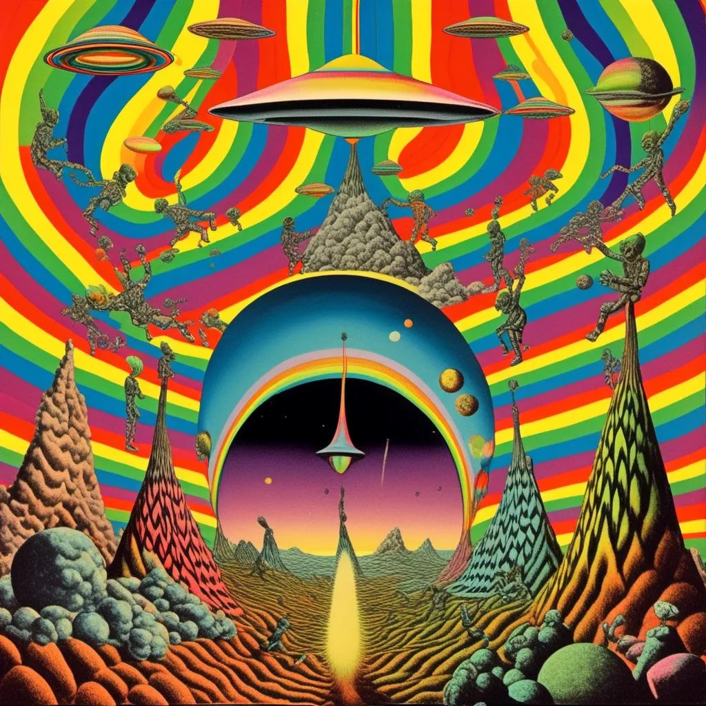 Prompt: A surreal vintage 70s psychedelic sci-fi collage involving- aliens, UFOs, cannabis, marijuana, aliens smoking reefer, aliens smoking weed out of a bong, spliced in with alien surreal landscapes, geometric shapes, optical illusions or trippy psychedelic patterns, planets and starts, rainbow spectrums<mymodel>