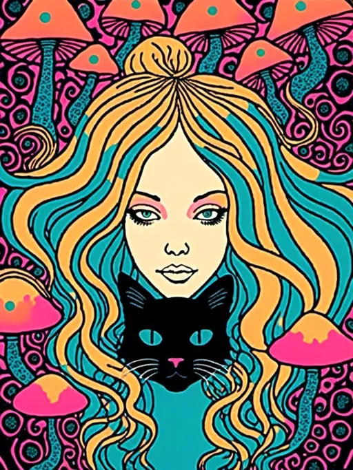 Prompt: <mymodel>Psychedelic poster illustration of a girl with long, curly blond hair, solid black cat, trippy mushrooms, vibrant colors, high-quality, poster art, surreal, detailed hair, psychedelic, detailed cat, colorful, vibrant, surreal, professional lighting