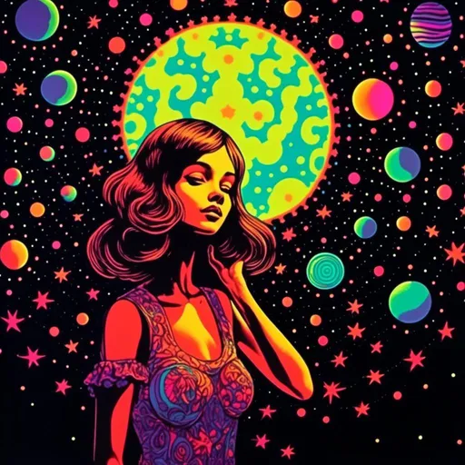 Prompt: <mymodel>Vintage 70s black light poster art illustration, girl hallucinating in space, psychedelic mushrooms, planets, moons, stars, fractals, vibrant colors, intense black light effects, detailed psychedelic girl, cosmic atmosphere, high quality, psychedelic, vintage, space, vibrant colors, fractal details, hallucination, girl illustration, retro art style, cosmic lighting