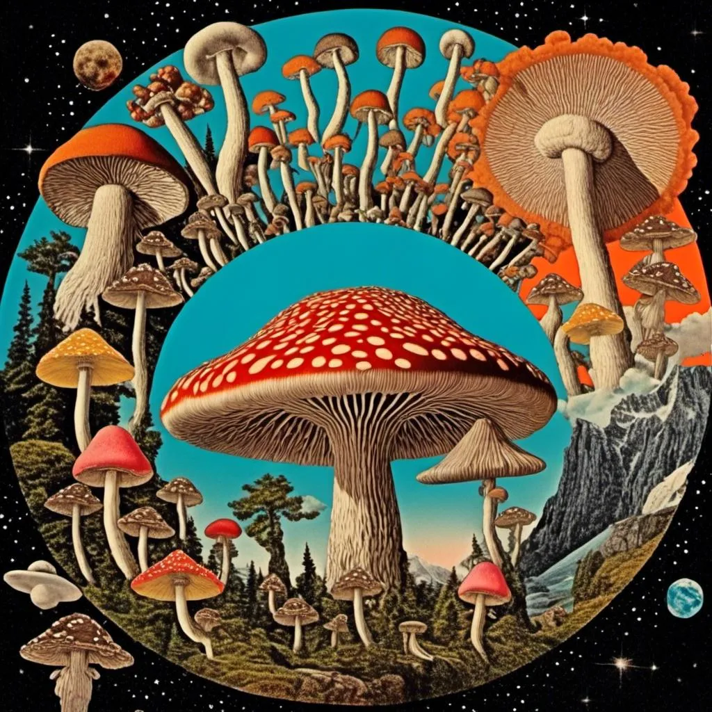 Prompt: a vintage retro psychedelic collage showcasing cut and spliced photos of mushrooms and fungus with surreal landscapes, trippy psychedelic patterns and optical illusions, UFOs, planets & outer space, cats, put together creatively in a Durrell psychedelic collage creation <mymodel>