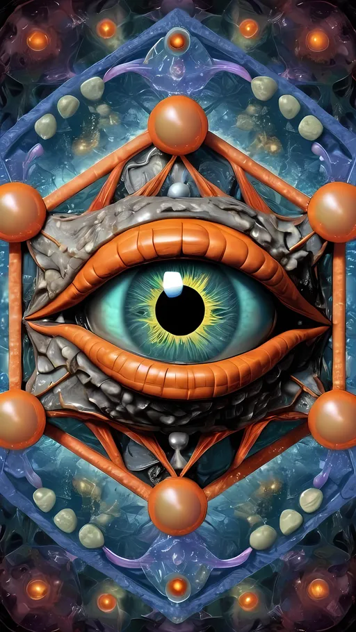 Prompt: Create an extremely hyper-realistic, ultra super textural, weird, trippy, surreal, psychedelic eyes/teeth/mouth pattern/design based on “metatron’s Cube” with lots of human eyes (crazy colorful compound psychedelic), rows of human teeth, human lips, and tongues. 

- **Colors**: determined by the properties and expressions of the elements (& their isotopes), minerals, and metals: Nickel (Ni), Aventurine, Chrysoberyl

**Shapes and forms**
- “Metatron's Cube”
-other shapes determined by the natural properties and expressions of the elements (& their isotopes), minerals, metals, and biological organisms: diatoms, Nickel (Ni), Aventurine, Chrysoberyl


- **Textures**: Derived from any/all elements (& their isotopes), minerals, metals, crystals, organic things mentioned in this prompt: “Metatron's Cube” Nickel (Ni), Aventurine, Chrysoberyl

**Composition and Layout**:
- a pattern/design based on the “Metatron's Cube”

**Lighting**lots and lots of bright shining reflective light
- Trichroism


**Detail and Atmosphere**:
- Extreme hyperrealistic sharp high detail high definition organic and mineral textures
- Psychedelic, weird, odd, surreal atmosphere
- Frozen in time

**Additional Elements**:
- extra rows of teeth, lips, many eyes, diatoms, “Metatron's Cube” , Aventurescence, Chatoyancy
