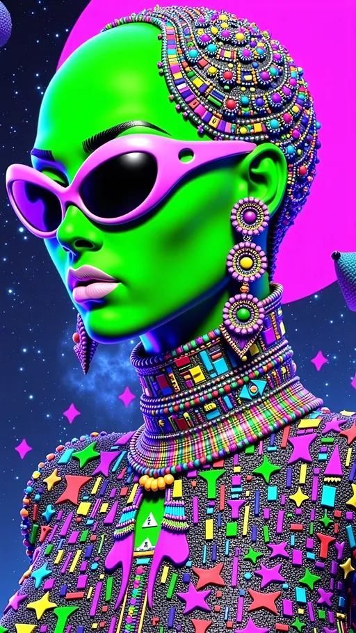 Prompt: **Space Hos - AI Art Prompt**

Create a totally glitched out artwork featuring the phrase "Space Hos" in a bold, sassy, girly futuristic tech font. The scene is populated by multiple striking green-skinned alien females, each exuding attitude and confidence. They are dressed in avant-garde high fashion with a futuristic edge, showcasing an array of intricate accessories that highlight their alien allure.

Each alien boasts a slightly conical-shaped bald head and large, almond-shaped black eyes, adding to their enigmatic charm. They pose with sass and poise, making a statement in the cosmic landscape.

Incorporate a vibrant UFO in the background, teeming with colorful lights that illuminate the scene. The setting is a bustling outer space landscape, complete with an alien planet, swirling asteroids, and cosmic phenomena. Alien glyphs are seamlessly integrated into the design, adding a mysterious layer.

The entire composition is busy and detailed, with every inch filled with tiny elements that captivate the viewer's attention. From the smallest star to the grandest asteroid, the scene is a masterpiece of cosmic chaos and extraterrestrial elegance. Finish it off with lots of different types of computer glitches/noise/data/computer screen effects