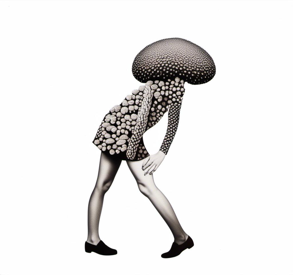 Prompt: a mixed media collage of a girl wearing or growing mushrooms/fungus as clothing body parts and accessories. She is a black and white or halftone photograph, the mushrooms and fungal growths are to be mixed media, including but not limited to paint, enamel, foils, glitter, sparkle, sequins, found objects, natural items, rhinestones etc <mymodel>