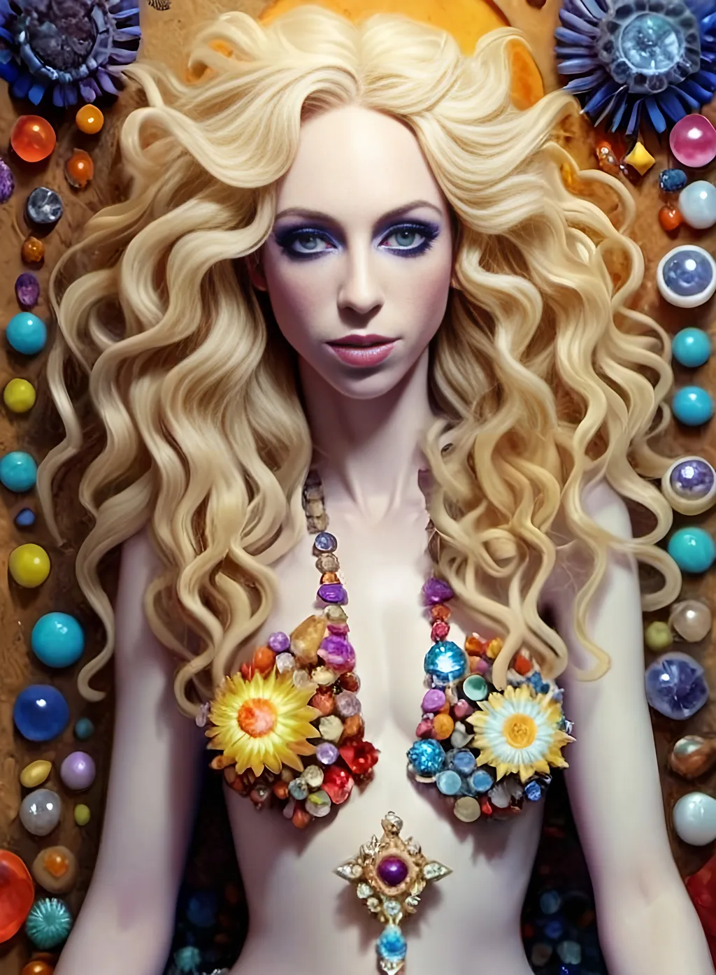 Prompt: <mymodel>ego death, woman long blond curly hair, figurine,  trippy extremely ultra hyperrealistic, high texture high detail psychedelic hallucination created entirely out of Gemstone, gemstones, crystals, crystal, psychedelic, texture, ego death, geometric shapes, fractals made out of gemstones gemstone textures minerals mineral texture banding crystals crystal clusters formations