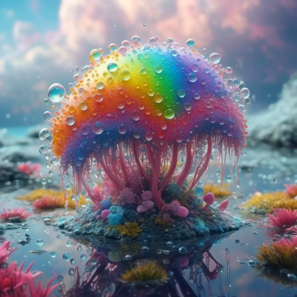 Prompt: <mymodel> an extremely hyperrealistic ultra textural life-infused, living breathing rainbow creature, a living creature made of water droplets and bent rainbow light/spectrums, with white puffy clouds, droplets of water, rain, mist, lots of light, prism reflections, spectrum creature, , extreme organic & mineral textures