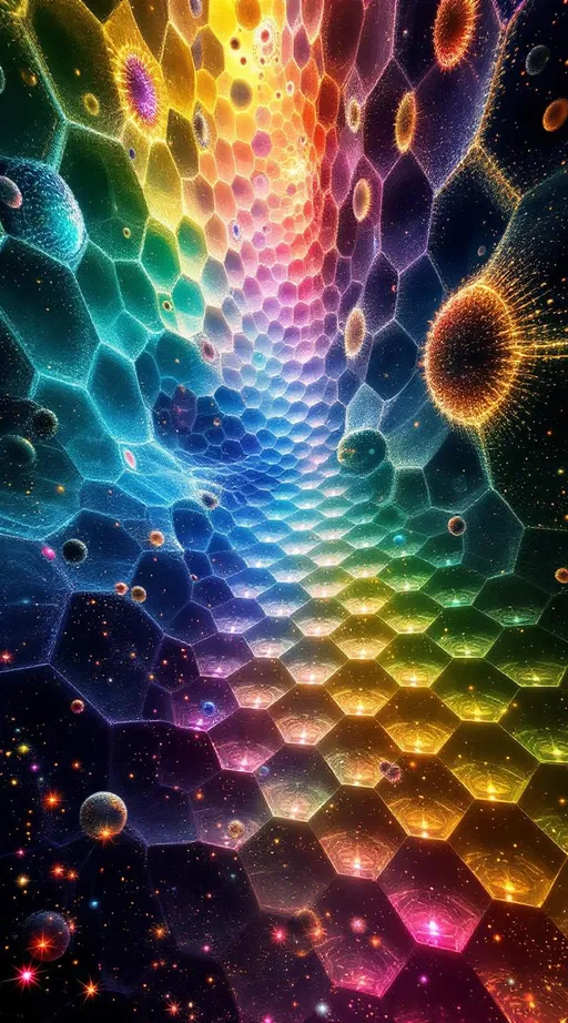 Prompt: Unleash a hyper-saturated field of interacting cellular automata evolving across an infinite, recursively embedded pentagonal lattice. Each cell’s state modulates a unique slice of an iridescent color spectrum, with forbidden Garden of Eden domains erupting as entropic shockwaves—glowing caustic singularities—amidst the structured order. Layer the entire space with overlapping metric graph bundles and fractal Markov trees, weaving through and across the lattice in braids of prismatic light. Dense overlays of binary sequences, algebraic symbology, and dynamic spectral gradients cascade across every region, producing a maximalist symphony of mathematical chaos and order.