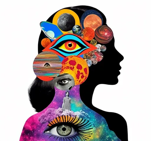 Prompt: <mymodel>Psychedelic collage of a woman, spliced and edited with psychedelic planets, cats, and UFOs, a psychedelic open third eye, incorporating paint, enamel, and found objects, black and white optical illusions, high quality, surreal, vibrant colors, trippy, psychedelic, detailed collage, cosmic theme, colorful lighting surreal collage