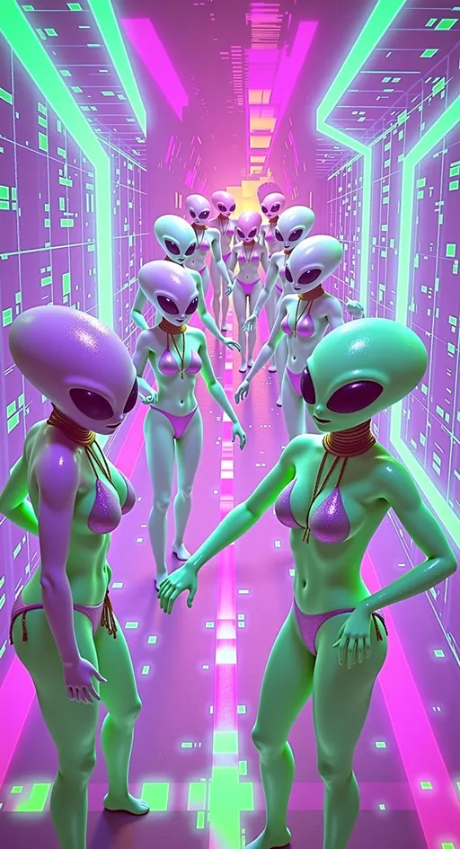 Prompt: Visualize a group of green-skinned alien divas with distinctive conical-shaped bald heads and large, solid black almond-shaped eyes, dominating the stage in an epic interstellar dance-off. These fierce extraterrestrial performers are dressed in ultra-urban hip hop trashy-chic outfits, showcasing their dynamic and mesmerizing dance moves in a gritty underground alien club. The setting is electric, with laser lights slicing through neon smoke, glowing alien graffiti, and an urban bass that syncs perfectly with their every move. The alien babes are in full dance mode, dancing on each other and captivating the excited crowd of aliens who are tossing space cash and cheering wildly. The dance floor itself is a spectacle, with light-up panels that flash in time with the hard-hitting trap beats. Each dancer exudes confidence and charisma, with gestures and cheeky expressions that captivate everyone in the room. The scene is a cosmic fusion of hip-hop culture and otherworldly nightlife, where inhibitions are left behind and the dance floor becomes a playground for hip hop dancingnqueens.