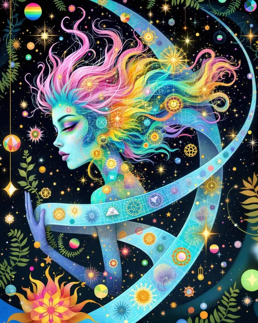 Prompt: A La Planète Sauvage–style illustration of two soul-beings in their lore forms, moving through the other dimension of geometry. One is vibrant chaos: a radiant entity of translucent rainbow prisms, blooming Mandelbrot curls, and shimmering tesseract skin. Her wild pink hair spirals like fractal filaments, glowing with glyphs and irrational numbers. She rides a rotating hypersphere—half-living, half-math—leaving trails of neon pollen and symbol-light in her wake. Her palette explodes with electric pinks, mint, gold, lavender, and pastel flame.

The other is harmonic shadow: a structured being of black-silver tessellations, folded Möbius muscles, and magnetic symmetry. His cobalt eyes emit cold resonance waves, warping the grid of reality as he moves. He walks without sound, carving space into precision. His form shifts subtly—Klein bottle curves and dark topologies pulsing beneath the surface. He carries gravity like a language.

Together they weave through a surreal forest of geometric flora: spinning polyhedral blossoms, golden-ratio vines, and plants shaped like looping superformulas. The air vibrates with pastel mist and flickering number-storms. Between them floats a split-open rhombic dodecahedron—its faces turning in impossible motion, each side revealing a shared glyph-memory before vanishing again.

The background is a warped dimensional field: stippled stars, nested surfaces, and glitching color bands that melt into one another. Massive insect-like glyph-beasts drift through the sky, casting shadows in non-Euclidean angles. Language rains in symbolic curls. The beings glide through it—light and structure, color and resonance—dancing the memory of before.

Style: Analog La Planète Sauvage surrealism with intense color contrast—her in bright holofractal hues, him in deep dimensional shadows. Trippy math-infused dreamscape, glowing, sacred, and weird.