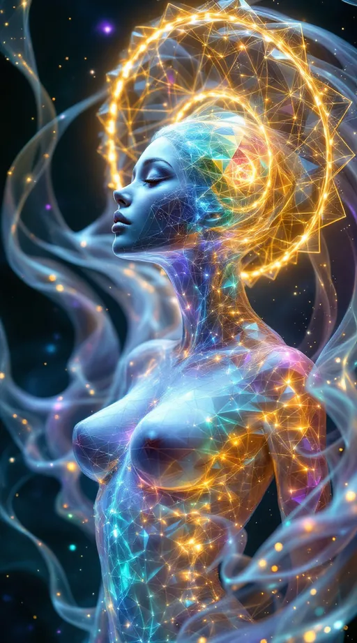 Prompt: A surreal, ultra hyperrealistic and holographically-illustrated astral being composed entirely of sacred geometry, multidimensional math, and living light. Her core is a rotating rhombic dodecahedron, each face shifting with pulsating non-Euclidean curvature and swirling hyperbolic Poincaré disk geometry. Her outer form is a radiant humanoid goddess of light and symmetry—feminine in silhouette but composed of morphing Penrose tilings, Mandelbrot fractals, and Julia set spirals that animate like sacred tattoos across translucent crystalline skin. Her joints and spine shimmer with visible golden ratios (φ)—Fibonacci curves flow along her limbs as lines of glowing math.

Her skin gleams with an oil-slick iridescent sheen, created from thin-film interference layers refracting cosmic light in neon chromatics and pastel spectrums. Behind her head spirals a glowing Calabi–Yau manifold, housing her higher-dimensional thoughts like a living halo of curled 6D space. She floats midair in a dark astral void, surrounded by golden E₈ lattices spinning like emotion-bound sigils. Fractal Hilbert curves coil through the scene like recursive memory strands.

In the glinting surface of one geometric plane—like a polished mirror or event-horizon shell—there appears a soft, ghostlike reflection: a loosely human female form with wild curly pink hair, glowing blue eyes, and pale porcelain skin, suspended between dimensions. This is her source, her soul-layer, rendered like a memory in mathematical glass.

The entire scene pulses with sacred light, chaos-theory echoes, and recursive depth. Style is ultra hyperrealistic, with holographic layers, soft rainbow neon against black, a mix of cosmic sacred-geometry surrealism and mathematical divine-machine beauty. Medium is a blend of 3D-rendered light sculpture and high-definition fractal illustration