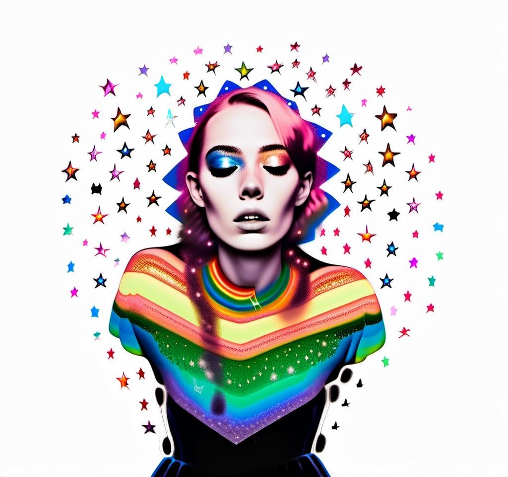 Prompt: a photograph (black and white or halftone) of a woman with multimedia colorful galaxies and stars in her wide eyes who is vomiting pure rainbows and stardust sparkles. She wretches as a beautiful spectrum of colorful light and sparklies made of paint, enamel, glitter, foils, pearl dust, rhinestones, metal, beads, marker, etc spills from her open mouth with force lighting up the room<mymodel>