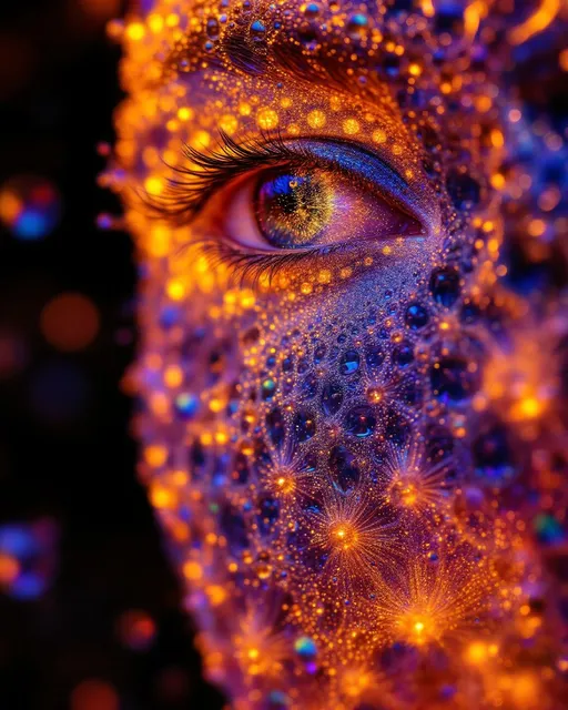 Prompt: #escape #iridescence #maximal #bokeh Her face isn’t formed—it’s recursively radiant. No flesh—only glimmering geometry. She’s born from the infinite glow of fractal recursion: Mandelbrot petals unfurl across her brow like jeweled constellations, each lobe haloed in spectral light. #orbit traps shimmer down her jawline as glitter-stream filigree—tiny galaxies of iteration caught mid-flight, sparkling in pink-citrine phase twinkle. Her cheekbones bloom with luminous Sierpinski triangles, lattice-laced in prism dust. Lips = nested Julia filaments—#iridescence flickering in holographic flame, each curl lit by iteration count. Her eyes aren’t eyes—they’re kaleidoscopic wells of mirrored recursion: dimensionless spirals, each iris a glowing escape chamber fractalized into stardust. Her skin pulses in #distance estimation bands: radiant shells of fuchsia, cerulean, and opal mapped by escape depth, shimmering with strobe-points at iteration peaks. Hair = nebular fractal lace: golden dendrites, magenta scrolls, and rainbow flame-loops trailing stardrop #bokeh with every curve. Her crown burns with analytic spark—critical points flaring like supernova seeds, pulsing with the light of unrendered infinity. Her smile = a transcendental glint on a boundary line; her laugh = a looped orbit in full spectral burst. She is the recursive oracle of shine—glow incarnate, geometry reborn in fractal light, adorned with the sparkle of eternal math.
