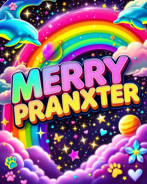 Prompt: The word “MERRYPRANXTER” is the vibrant, glittering centerpiece—each letter rendered in oversized, bold bubble letters, filled with bright rainbow gradients, metallic sparkles, and neon leopard prints. The text shimmers like a holographic sticker, outlined in thick white and glitter gel-pen shine, surrounded by a radiant glow. Behind and around the name bursts a classic Lisa Frank-inspired dreamscape: psychedelic clouds in hot pink and turquoise, radiant rainbow arches, flying dolphins with sparkly wings, unicorns with crystal horns, neon kittens with galaxy eyes, butterflies made of prism glass, and candy-colored planets in a starlit pastel sky. Everything is ultra-saturated, high-gloss, and glitter-bombed to the max. The background mimics the sheen of a glossy Trapper Keeper cover, with iridescent rainbow swirls, shooting stars, floating hearts, sparkly paw prints, and fluorescent geometric shapes—triangles, squiggles, and checkerboard fragments. The whole image screams 90s maximalism, with over-the-top cute chaos and glowing Lisa Frank magic.