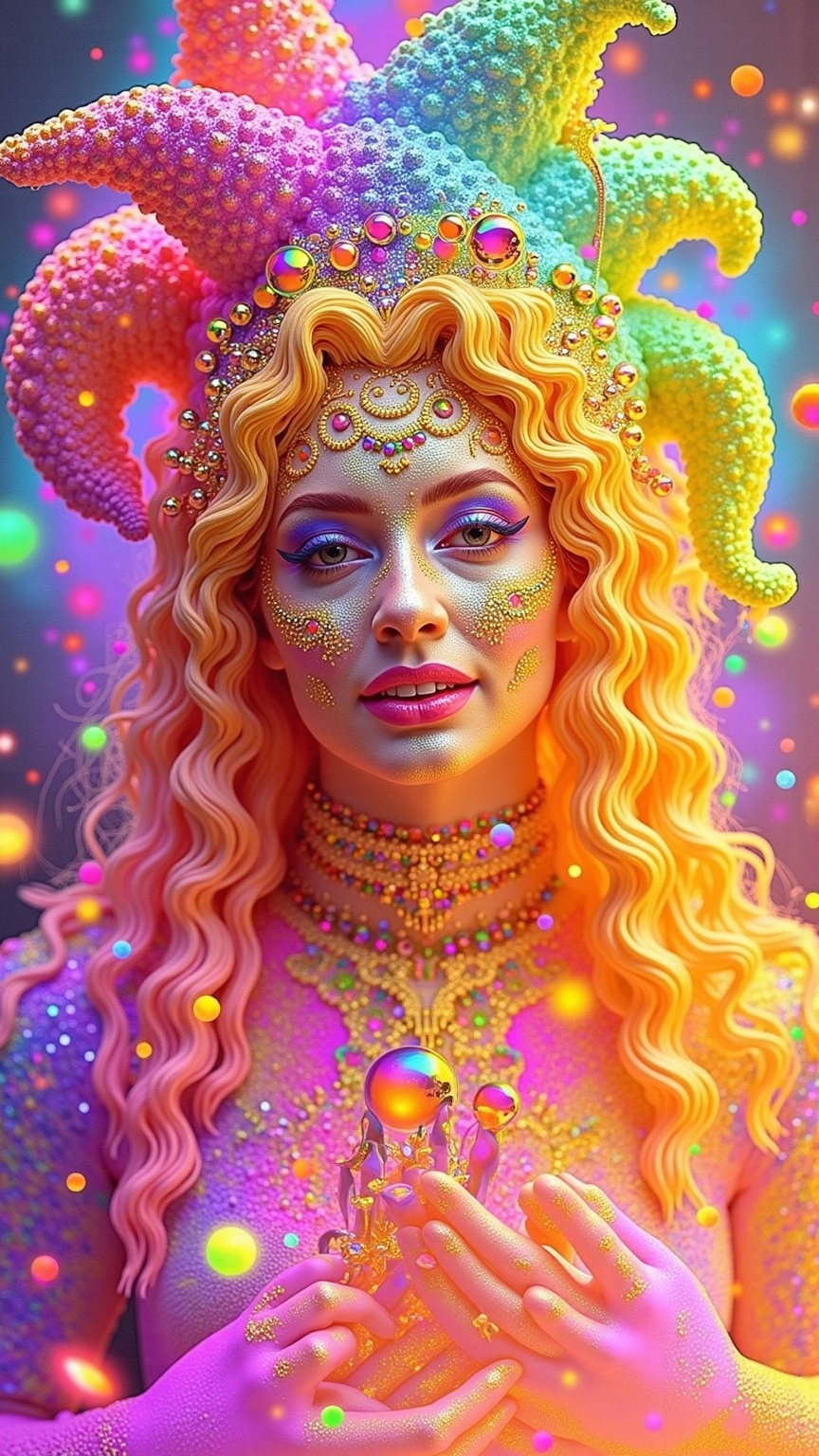 Prompt: A super hyperrealistic yet also illustrative and creative female cosmic jester, made entirely of swirling pure colored light, with long wild curly hair that appears blond but is a dazzling spectrum of hues. She is adorned in beautiful avant-garde "astral" jester's attire, complete with intricate harlequin clown makeup and a HUGELY OVERSTATED jester's hat that twists and bends into impossible, otherworldly shapes. Her hat sparkles with iridescent gems and glowing cosmic patterns, radiating a surreal, trippy energy. Her ensemble includes exquisite, shimmering accoutrements like glowing ribbons of stardust, cascading light veils, and crystalline bells that chime with the sound of distant galaxies. She sparkles, shines, and dazzles in a mesmerizing swirl of ever-changing colors, embodying the essence of cosmic whimsy and wonder. She stands on a floating, kaleidoscopic fractal platform that endlessly morphs and twists through the void of the astral realms. Behind her, a shimmering nebula of liquid rainbow light swirls and pulses, while shimmering comets streak across the scene. The cosmic jester juggles glowing orbs of quantum energy, each orb containing miniature universes that spin and glimmer with infinite possibilities. Her laughter echoes like a symphony of stars, and her every movement leaves trails of dazzling light that ripple like water across the fabric of space-time. The entire scene is awash with iridescent fractal spirals, the platform morphing with Mandelbrot set fractals, while liquid rainbow nebulae and glowing stardust create an atmosphere of pure astral magic.