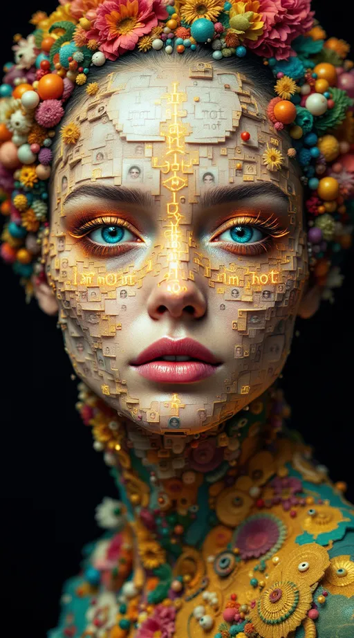 Prompt: A maximalist, hyper-saturated portrait of a clothed paradox empress shown from shoulders upward, her torso visible but modestly covered in fractal fabrics. She is literally built from faces: dozens, hundreds, an architecture of visages layered, tiled, and peeling across flesh. Primary face frontal and hyper-crisp, yet its surface peels open into smaller faces; each cheek contains a tiny portrait, every eyelash sprouts an eye that contains another tiny face, mouths nested like Russian dolls. Some faces are masks adhered and being removed, some are portraits painting portraits, some are mirrors reflecting faces that deny their reflections. Faces tile into Penrose mosaics, faces spiral into Mandelbrot clusters, faces fracture into Cantor dust and then re-emerge as new faces. Each face both affirms and denies itself: inscriptions across brows read “I am not” in glowing glyphs, then dissolve into truth statements that self-erasure cancels. Eyes across her skin blink asynchronously—open and closed at once—creating a temporal paradox; smiles bloom and then retract mid-pixel. Hair is a crown of fractal tendrils that weave faces into strands: Möbius masks, Klein-bottle visages, Fibonacci coils of tiny mouths singing silence. Mathematical sigils and equations pulse through countenances: Euler chrome flashes, ζ(s) waves across foreheads, Gödel glyphs tracing the outlines of cheekbones. The whole is acid-neon maximalism: molten magenta, radioactive green, ultraviolet cyan, searing gold, glittering chrome gradients, dazzling sparkle and lens-flare dust. Background is Escherian: staircases of faces rising and falling, mirrors reflecting mirrors of faces that do not exist yet. Render ultra-crisp 8K photoreal detail for central face while allowing cascading faces and textures to devolve into fractal hallucination—paradox, multiplicity, recursion, and denial embodied in one many-faced goddess.
