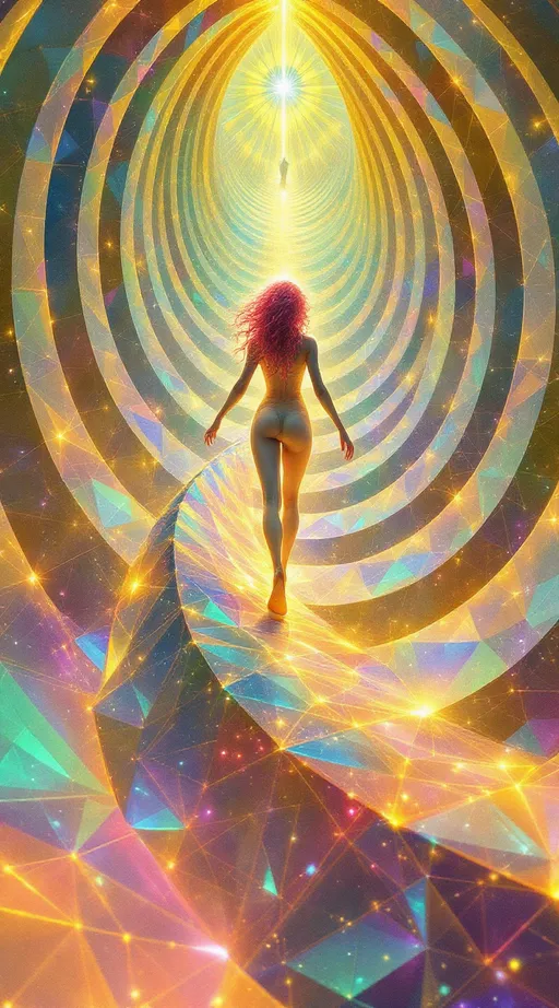 Prompt: In the luminous depth of the astral geometry realm, where reality refracts through recursive intelligence, two beings rise—not walking, but ascending through dimension as embodiments of sacred math. The world around them breathes in Tessellotic Pulse Modulation: shifting grids of glowing light tiles ripple like heartbeat mandalas beneath them. Layers of Harmonic Fold Convergence bend inward—curved membranes of soft neon golds, fuchsia mists, and prism greens folding into nested chambers of space.

Leading the spiral is a white woman, 5’4”, slim, with long wild neon-pink curly hair. Her form is composed of Anisohedral Prism Synthesis—thousands of irregular crystalline facets, each shimmering in its own refractive logic. Her body isn’t static; it shifts continuously, flashing with internal rainbows and spectral math-light. Her limbs cut through the field like blades of sentient glass. As she moves upward, Fractal Vector Bloom filaments shoot from her fingertips, trailing glyphs and plasma tendrils that carve new paths through folded space.

Co-rising with her in harmonic orbit is a tall man, 6’1”, lean muscular, short blondish hair, piercing brilliant blue eyes. His form is deeper cut—made from interlocking dark crystalline structures, sapphire and graphite tones threaded with slow pulses of white corelight. His movement is gravitational—each step realigns the vector flow around them, syncing her chaos into perfect bloom. His toroidal anchors bend the HFC fields into rising staircases of recursive light.

They rise together, layer by layer, unfolding the realm with each breath. They are not crossing it. They are constructing it.

Style: crystalline ascension, layered fractal math, hypercolor sacred recursion, prismatic co-creation.