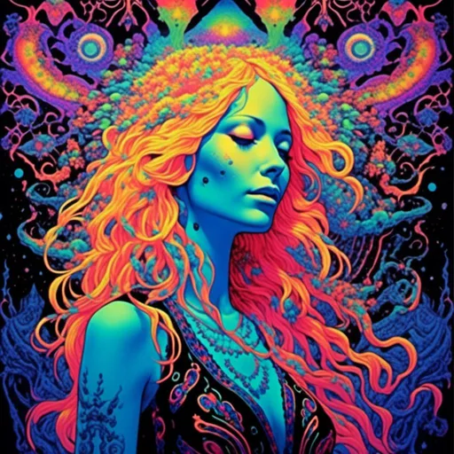 Prompt: <mymodel>Vintage 70s black light poster art illustration of a beautiful female DMT entity, long blond curly hair, otherworldly ineffable beauty, DMT waiting room, astral being, psychedelic hallucinations, vibrant colors, detailed astral features, retro artistic style, intense and vivid colors, mesmerizing aura, surreal vibes, flowing hair, radiant chakras, psychedelic realm, best quality, vibrant, retro, surreal, intense colors, detailed astral features, mesmerizing beauty, vintage, black light poster, effervescent lighting