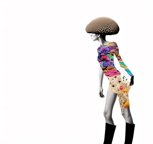 Prompt: A mixed media collage of a black and white photograph of a young woman growing all kinds of colorful multimedia psychedelic mushrooms and fungus out of her body (incorporate things like- but are not limited to - vibrant paints, enamels, glitters, metallic foils, newspaper and magazine cut paper, paint spatter, etc)<mymodel>