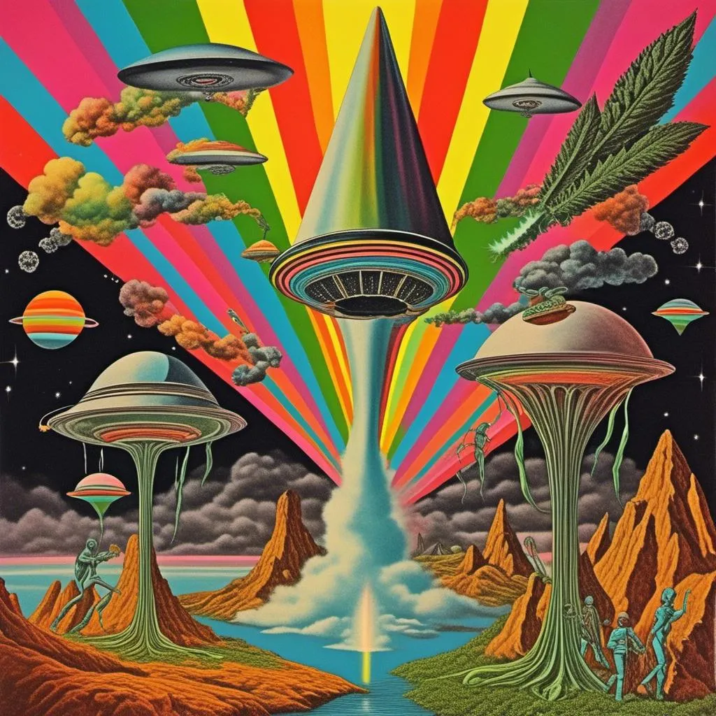 Prompt: A surreal vintage 70s psychedelic sci-fi collage involving- aliens, UFOs, cannabis, marijuana, aliens smoking reefer, aliens smoking weed out of a bong, spliced in with alien surreal landscapes, geometric shapes, optical illusions or trippy psychedelic patterns, planets and starts, rainbow spectrums<mymodel>