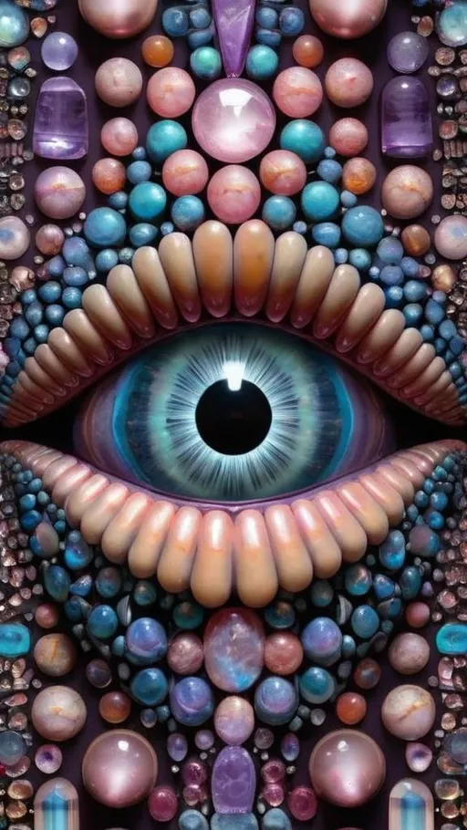 Prompt: Create an extremely hyper-realistic, ultra super textural, weird, trippy, surreal, psychedelic eyes/teeth/mouth pattern/design based on Mandelbrot & “Op Art tiling” with lots of human eyes (crazy colorful compound psychedelic), rows of human teeth, human lips, and tongues. 

- **Colors**: determined by the properties and expressions of the elements (& their isotopes), minerals, and metals: opal, moonstone, amethyst, rose quartz, Platinum (Pt)

**Shapes and forms**
- Mandelbrot 
- "Op Art tiling" 
-other shapes determined by the natural properties and expressions of the elements (& their isotopes), minerals, metals, and biological organisms: opal, moonstone, amethyst, rose quartz,  Platinum (Pt)


- **Textures**: Derived from any/all elements (& their isotopes), minerals, metals, crystals, organic things mentioned in this prompt: opal, moonstone, amethyst, rose quartz, Platinum (Pt)

**Composition and Layout**:
- a pattern/design based on the Op Art tiling & Mandelbrot 

**Lighting**:
- lots of bright light
- Phosphorescence

**Detail and Atmosphere**:
- Extreme hyperrealistic sharp high detail high definition organic and mineral textures
- Psychedelic, weird, odd, surreal atmosphere
- Frozen in time

**Additional Elements**:
- extra rows of teeth, lips, many eyes, Op Art tiling, Mandelbrot 
