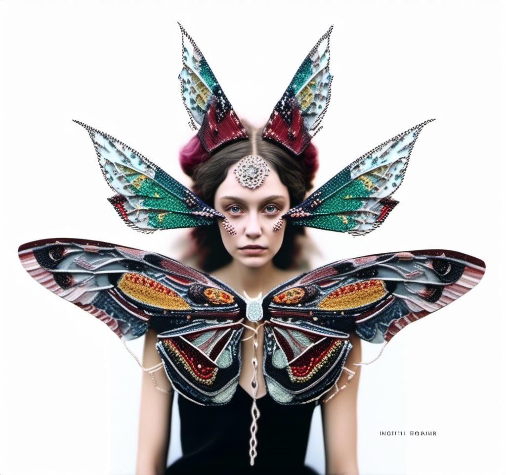 Prompt: a photograph of a woman (color or black and white) with multimedia elements added to create the appearance that she is a beautiful intricate moth, with moth wings and antennae created from paint, paper, photos, glitter, iridescent enamels, nail polish, rhinestones, thread and string, fabric, folded paper etc<mymodel>