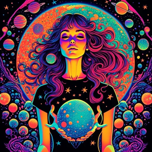 Prompt: <mymodel>Vintage 70s black light poster art illustration, girl hallucinating in space, psychedelic mushrooms, planets, moons, stars, fractals, vibrant colors, intense black light effects, detailed psychedelic girl, cosmic atmosphere, high quality, psychedelic, vintage, space, vibrant colors, fractal details, hallucination, girl illustration, retro art style, cosmic lighting