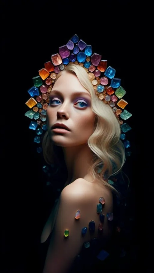 Prompt: <mymodel>Blonde woman with long curly hair, giant gem set eyes, psychedelic hallucination, rainbow fractals, geometry, inlaid precious gemstones, crystals, high quality, surreal, gemstone mosaic, detailed hair, vibrant colors, hallucinatory atmosphere, mesmerizing, otherworldly, natural lighting