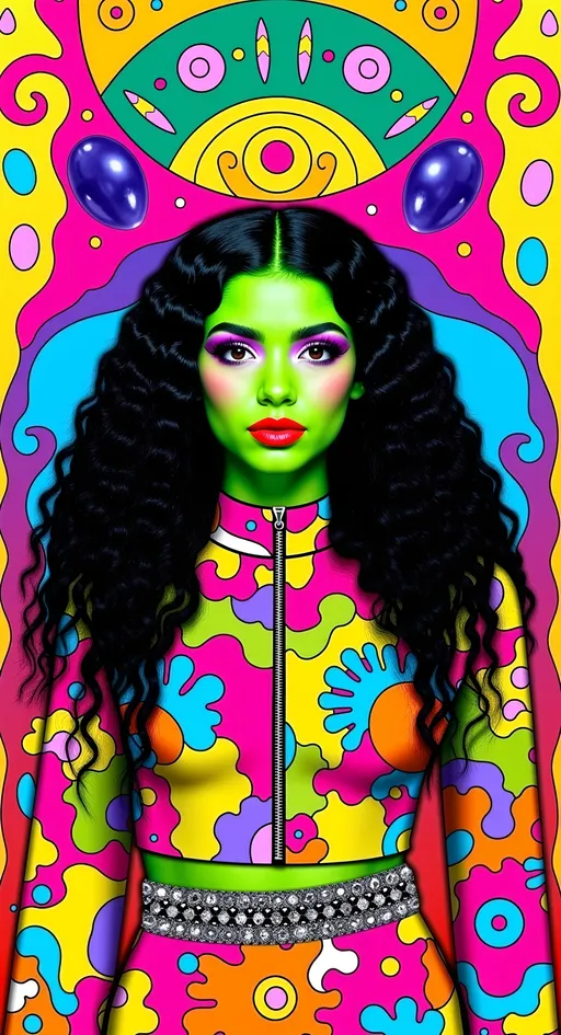 Prompt: <mymodel>green-skinned retro alien female, long curly hair, futuristic alien fashions, alien makeup, rockabilly pinup style, vibrant neon colors, psychedelic patterns, detailed hair and outfit, high-quality, retro, vibrant colors, psychedelic, 70s style, pin-up, alien fashion, detailed illustration, professional, atmospheric lighting