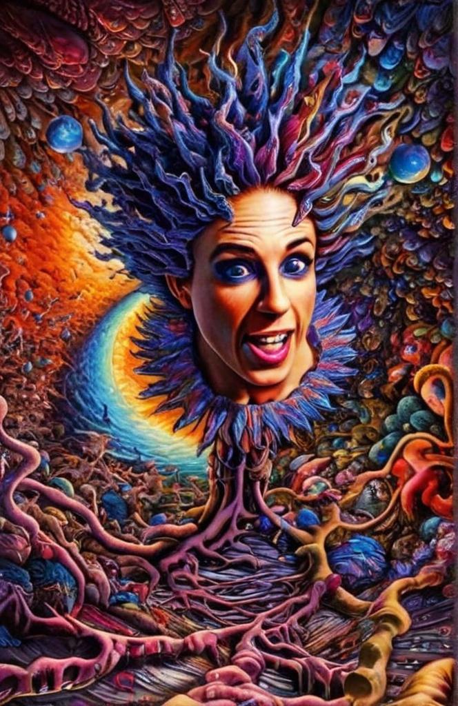 Prompt: Extreme psychedelic hyperrealism- Super high definition ultra textural Weird surreal depiction of ego death, melting into fractals, multidimensional geometric shapes, surrealism, detailed, highres, intense colors, eerie lighting, bizarre features, unsettling atmosphere, otherworldly, distorted proportions, mind-bending, dreamlike, abstract,, trippy psychedelic ultra detailed textures