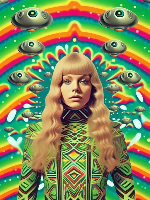 Prompt: A trippy vintage 70s psychedelic sci-fi analog cut and paste collage of a girl with long blond curly hair and UFOs, aliens, extraterrestrial little green men, alien grey, optical illusions/psychedelic patterns/alien A trippy vintage 70s psychedelic sci-fi analog cut and paste collage of a girl with long blond curly hair and UFOs, aliens, extraterrestrial little green men, alien grey, optical illusions/psychedelic patterns/alien <mymodel>psychedelic landscapes,space scenes, asteroids, ufo, greet, orange, hot pink, black, white