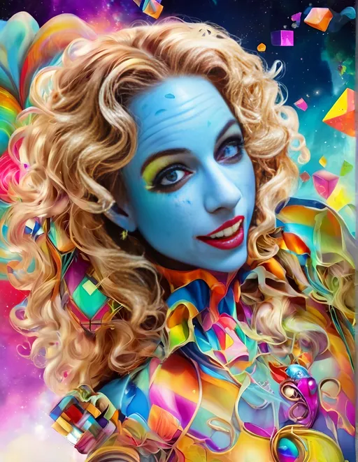 Prompt: Psychedelic hyperrealism of a female cosmic jester, long blond curly hair, vibrant psychedelic jester hat and attire and makeup, hallucinations, psilocybin, merry prankster of multidimensional geometry, tesseracts, hypercubes, trippy, highres, hyperrealism, cosmic, vibrant colors, hallucinatory, detailed makeup and attire, multidimensional, psychedelic
