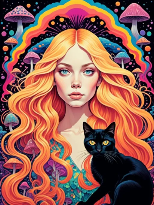 Prompt: <mymodel>Psychedelic poster illustration of a girl with long, curly blond hair, solid black cat, trippy mushrooms, vibrant colors, high-quality, poster art, surreal, detailed hair, psychedelic, detailed cat, colorful, vibrant, surreal, professional lighting