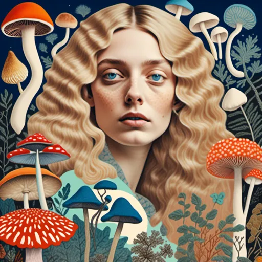 Prompt: <mymodel>Detailed  illustration of a woman with long blond curly hair and blue eyes collaging with drawings of mushrooms, vibrant color palette, whimsical and surreal, intricate collage details, ethereal glow, dreamy lighting, high quality, ultra-detailed, fantasy, vibrant tones, surreal lighting, whimsical design, collage art