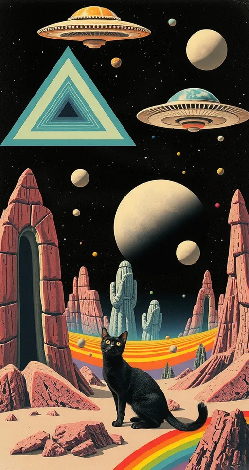 Prompt: <mymodel> Vintage 70s psychedelic surreal sci-fi Collage, analog, cut & paste, outer space, rainbows, spectrum, optical illusions/trippy patterns, surreal alien landscapes, UFOs, « little green men », psilocybin mushrooms, geometric shapes , planets, orbs, black night sky with stars, in the center, cats, 