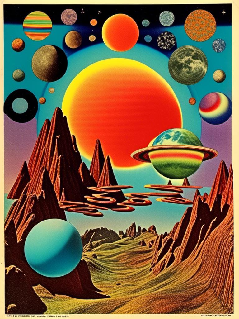 Prompt: A vintage 70s psychedelic collage with the theme “astral vacation”- incorporate themes of astral projection, the astral plane, the silver cord, use an astral brilliantly but sometimes muted opalescent color palette, & combine it all with planets, orbs, optical illusions and psychedelic trippy patterns, color spectrums as a surreal vintage psychedelic collage<mymodel>