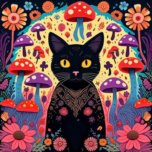 Prompt: <mymodel>Black cat surrounded by mushrooms and flowers, mixed media, detailed fur with intricate patterns, vibrant and surreal, high quality, mixed media, whimsical, vibrant colors, atmospheric lighting, detailed eyes, professional, surreal, detailed mushrooms and flowers, artistic, highres