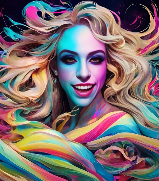 Prompt: Crashing psychedelic ocean-like breaking waves of fractals and multidimensional geometric shapes, psychedelic hallucination, woman with long blond curly hair, vibrant colors, high-contrast, surreal, abstract, 4k, vivid, surreal artstyle, vibrant tones, futuristic lighting, flowing hair