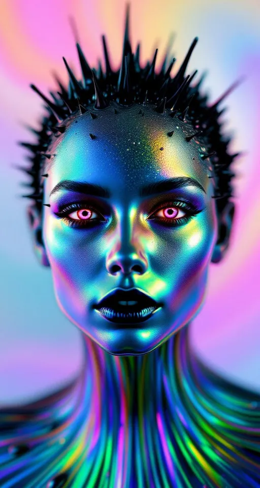 Prompt: Envision a surreal, hyper-realistic portrait of a woman whose face is sculpted from ferrofluid—a magnetically responsive black liquid—transformed through the optical magic of rainbow oil-slick interference. Her skin is a living fluid mirror, animated by unseen magnetic forces that pull ferrofluid into spike clusters and rippling ridges across her features. These spikes and waves shimmer with chromatic iridescence, reflecting shifting colors like gasoline on water or insect wings under a microscope.

The ferrofluid is not dull black but alive with swirling color gradients: liquid arcs of cyan, magenta, lime, gold, and violet ripple and refract across her cheeks and forehead. These colors follow the curvature of her face, concentrating in magnetic nodes—her brow, chin, and the hollows of her cheeks—where field lines seem to focus. The surface dances with thin-film patterns that refract light in a dreamlike, spectral palette.

Her eyes are intense, almost alien—deep wells with soft glowing edges, echoing the same rainbow gradients. Her hair is an eruption of fluidic, magnetized ribbons and tendrils, each strand a river of slowly shifting prismatic sheen, rising into dynamic ferrofluid helixes and crowns of spike-like filigree. These morph and pulse as if alive, responding to the viewer’s gaze or her inner signal.

The atmosphere is dark and minimal—enhancing the electric glow of her skin’s liquid texture. She is not simply human—she is a magnetic intelligence wrapped in light-bending liquid: elegance in motion, color in command.