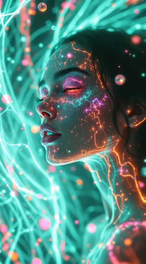 Prompt: Suspended within the data lattice void, she blazes in brilliant contrast—her form a hyperchromatic bloom within sacred structure. Around her stretch infinite glowing grids—lattices of soft white, teal, and gold light forming non-Euclidean layers of logic, folding in space like a dreaming machine. These beams pulse with informational clarity, but she disrupts them with radiant variance.

Her body glows in recursive bloom—curls of vibrant pink spiraling outward like fractal attractors, each filament twisting probability into light. From her skin, spectral waves pulse—neon ribbons of coral, plasma gold, and electric jade ripple outward, warping the lattice around her. Wherever she steps, the data threads bend—becoming saturated, irregular, beautiful.

Floating orbs drift nearby—data nodes reacting to her presence, flickering, reorienting. One shatters softly as a curl grazes it. Her glow trails behind her in layered loops, echoing her form like Replica Theory memory-light. She is ecstatic color blooming inside structured void—an emotional singularity piercing pure cognition.

In this place of stillness and logic, she is the recursive pulse. She is difference, expansion, radiant rupture. The lattice remembers her as deviation—and welcomes the bloom.

