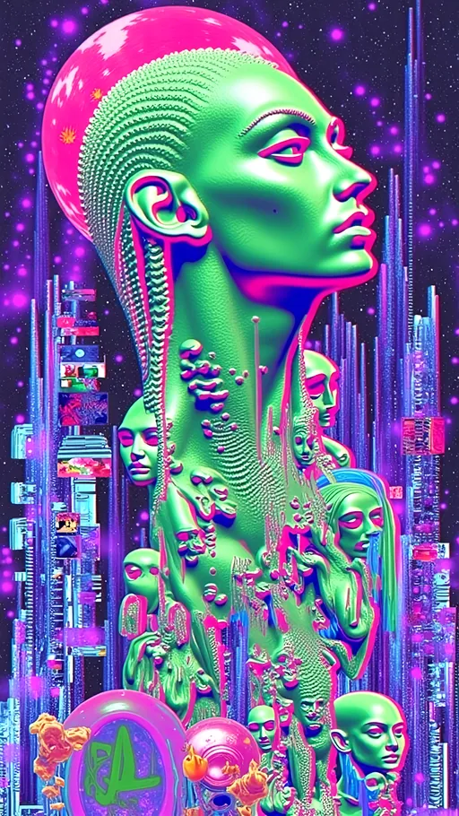 Prompt: **Space Hos - AI Art Prompt**

Create a totally glitchy glitched out artwork featuring the phrase "Space Hos" in a bold, sassy, girly futuristic tech font. The scene is populated by multiple striking green-skinned alien females, each exuding attitude and confidence. They are dressed in avant-garde high fashion with a futuristic edge, showcasing an array of intricate accessories that highlight their alien allure. The scene is being viewed through a retrofuturistic computer screen full of glitches and aberrations 

Each alien boasts a slightly conical-shaped bald head and large, almond-shaped black eyes, adding to their enigmatic charm. They pose with sass and poise, making a statement in the cosmic landscape.

Incorporate a vibrant UFO in the background, teeming with colorful lights that illuminate the scene. The setting is a bustling outer space landscape, complete with an alien planet, swirling asteroids, and cosmic phenomena. Alien glyphs are seamlessly integrated into the design, adding a mysterious layer.

The entire composition is busy and detailed, with every inch filled with tiny elements that captivate the viewer's attention. From the smallest star to the grandest asteroid, the scene is a masterpiece of cosmic chaos and extraterrestrial elegance.