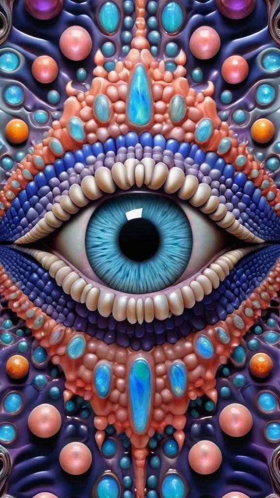 Prompt: Create an extremely hyper-realistic, ultra super textural, weird, trippy, surreal, psychedelic eyes/teeth/mouth pattern/design based on Mandelbrot & “Op Art tiling” with lots of human eyes (crazy colorful compound psychedelic), rows of human teeth, human lips, and tongues. 

- **Colors**: determined by the properties and expressions of the elements (& their isotopes), minerals, and metals: opal, moonstone, amethyst, rose quartz, Platinum (Pt)

**Shapes and forms**
- Mandelbrot 
- "Op Art tiling" 
-other shapes determined by the natural properties and expressions of the elements (& their isotopes), minerals, metals, and biological organisms: opal, moonstone, amethyst, rose quartz,  Platinum (Pt)


- **Textures**: Derived from any/all elements (& their isotopes), minerals, metals, crystals, organic things mentioned in this prompt: opal, moonstone, amethyst, rose quartz, Platinum (Pt)

**Composition and Layout**:
- a pattern/design based on the Op Art tiling & Mandelbrot 

**Lighting**:
- lots of bright light
- Phosphorescence

**Detail and Atmosphere**:
- Extreme hyperrealistic sharp high detail high definition organic and mineral textures
- Psychedelic, weird, odd, surreal atmosphere
- Frozen in time

**Additional Elements**:
- extra rows of teeth, lips, many eyes, Op Art tiling, Mandelbrot 
