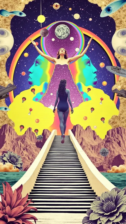 Prompt: In a cosmic dreamscape, a woman emerges as the central figure amidst a kaleidoscopic symphony of psychedelic elements. Her form is gracefully intertwined with swirling holographic Mandelbrot fractals, casting vibrant, colorful light that dances across the scene. Black and white optical illusion patterns ripple through the background, creating a dynamic sense of depth and movement, while vibrant, pulsating designs add to the visual complexity. The surreal landscape around her is alive with morphing objects and breathing walls, interspersed with cosmic vistas and nebulae that evoke a sense of otherworldly wonder. Radiolarian forms, with their intricate spiny structures and lattice-like designs, add microscopic detail, while succulent shapes and colors introduce organic contrast against the geometric patterns. Glitch effects, such as pixelation and chromatic aberration, enhance the surreal quality, making reality appear fluid and mutable. The entire composition is softened by a retro analog finish, reminiscent of classic print media, with grainy textures and color bleeding that evoke nostalgia. This collage transports viewers into a realm where reality bends and imagination reigns, with the woman symbolizing the profound connection between the self and the universe, grounding yet ethereal amidst the swirling chaos of colors and forms.