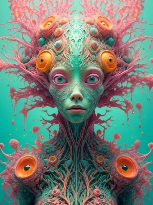 Prompt: <mymodel>an extremely hyper realistic super textural psychedelic entity/creature, trippy, weird, surreal, fractals, multidimensional geometric shapes, eyes, human teeth, lots of light, bright pastel colors, luminous, glowing, extremely textural, pinks, greens, oranges, yellows