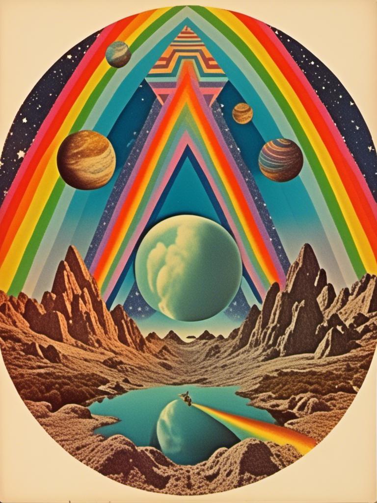 Prompt: A vintage 70s psychedelic collage with the theme “astral vacation”- incorporate themes of astral projection, the astral plane, the silver cord, use an astral brilliantly but sometimes muted opalescent color palette, & combine it all with planets, orbs, optical illusions and psychedelic trippy patterns, color spectrums as a surreal vintage psychedelic collage<mymodel>